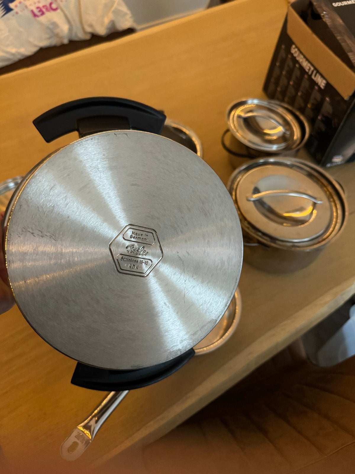 Pannenset Fissler en Blaumann - Gebruikt, Huis en Inrichting, Keuken | Potten en Pannen, Ophalen, Gebruikt, Inductieplaat, Pannenset