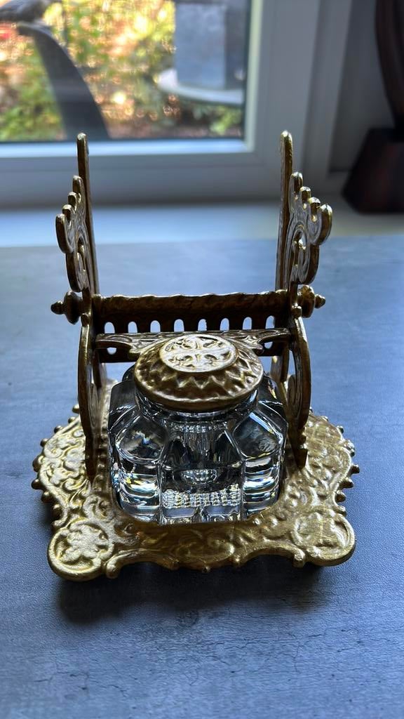 Antieke metalen inktpot met glazen potje, Ophalen of Verzenden