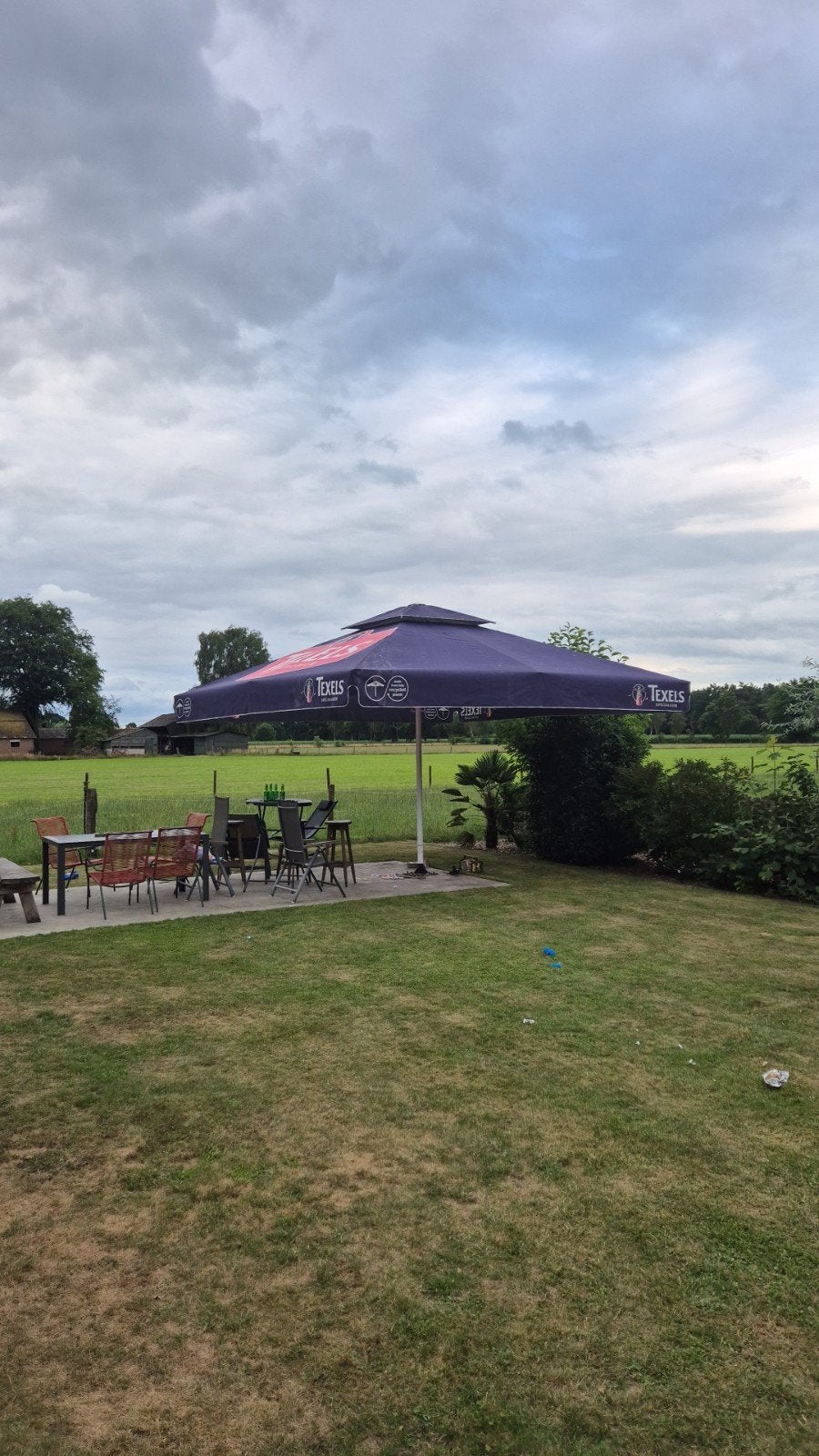 Grote Horeca parasol 5x5, Ophalen, Gebruikt, Meer dan 4 meter, Stokparasol