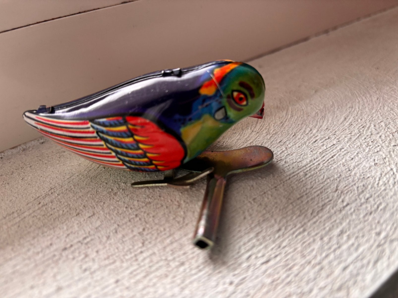 Blikken speelgoed vogel met opwindsleutel – vintage, Antiek en Kunst, Antiek | Speelgoed, Ophalen of Verzenden
