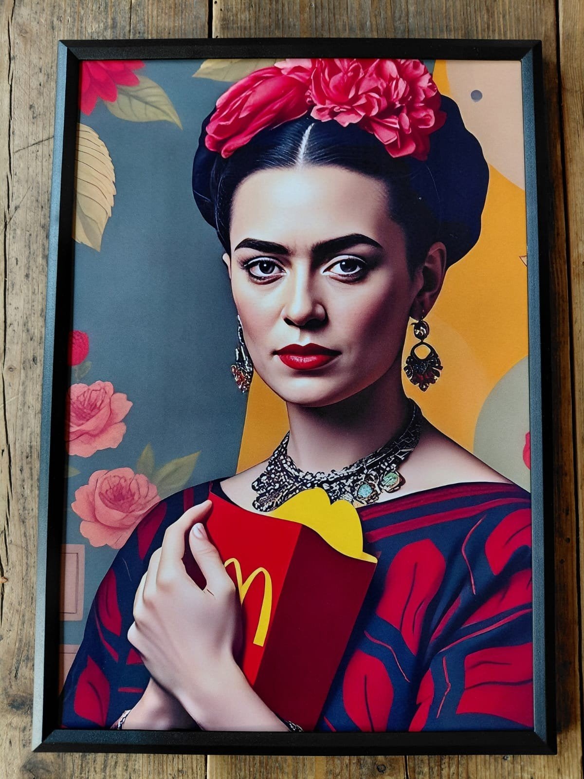 Frida Kahlo met McDonald's frietjes - Ingelijste print, Minder dan 50 cm, Nieuw, Ophalen of Verzenden, Print