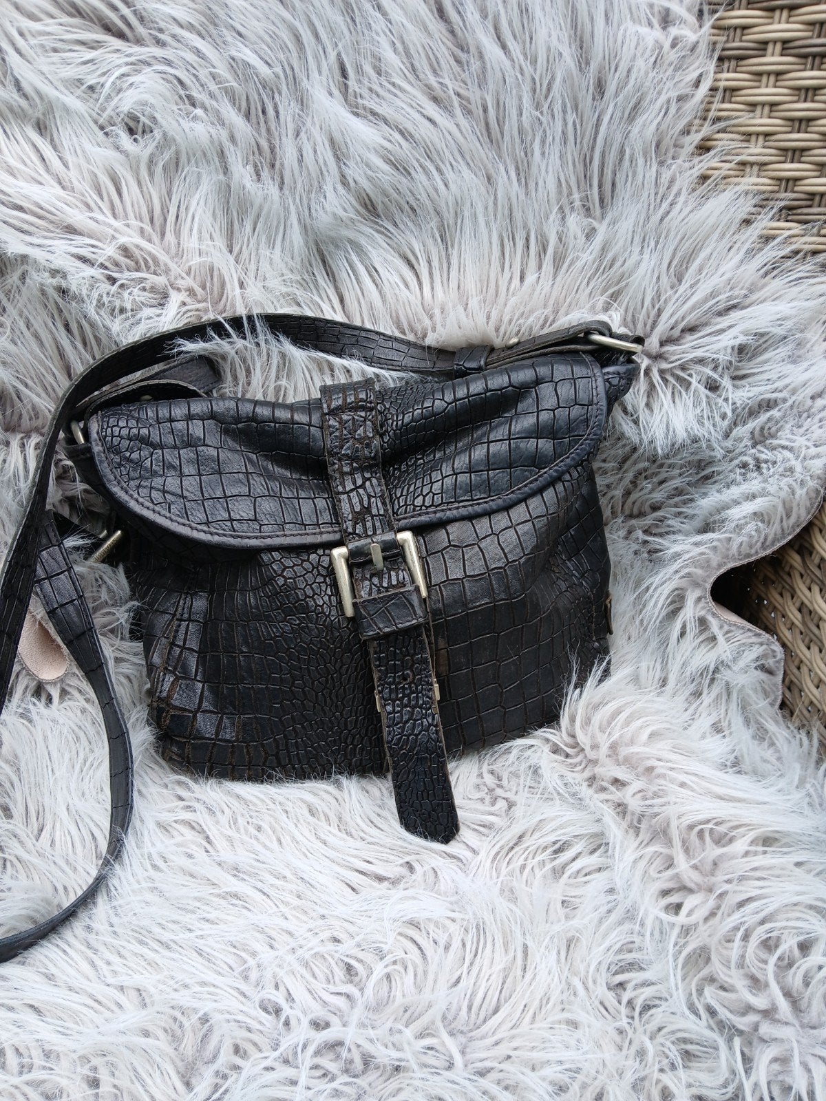 Shabbies Croco Leren Schoudertas Zwart, Overige merken, Gebruikt, Zwart, Ophalen of Verzenden