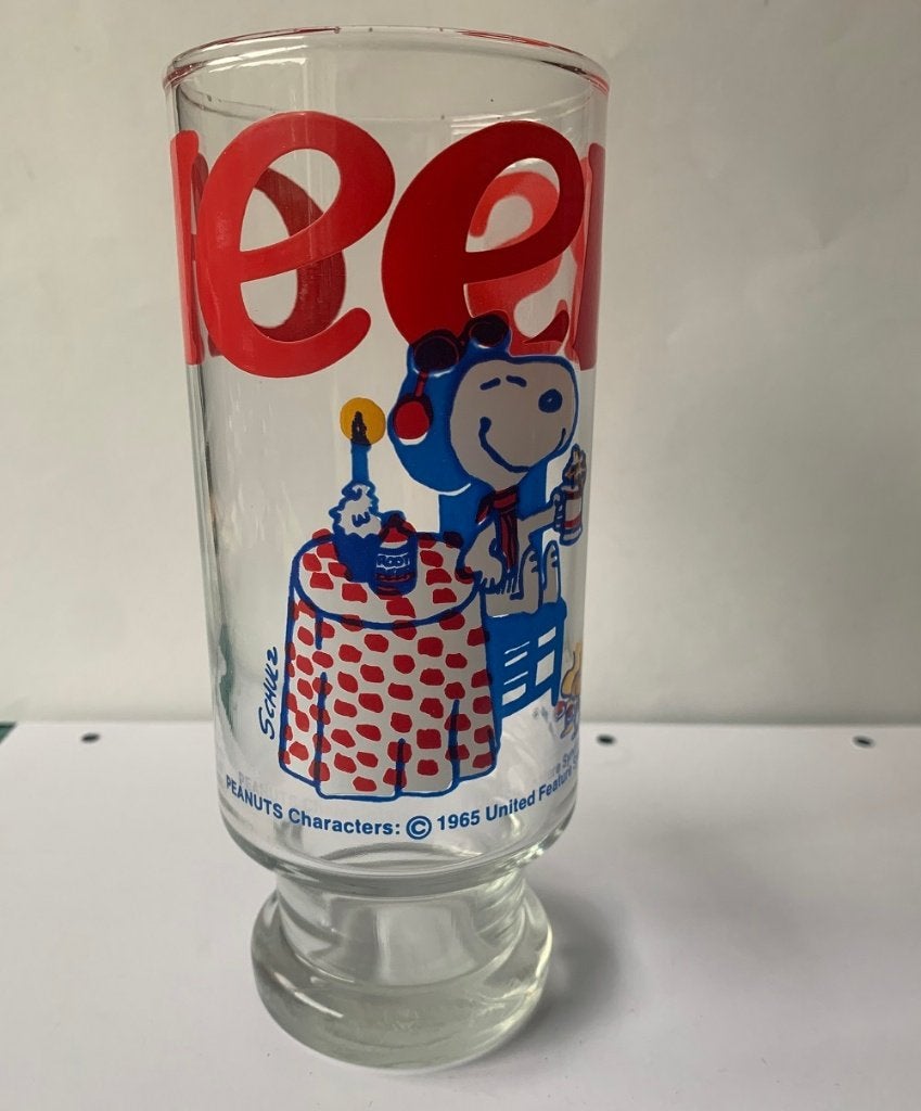 Snoopy en Woodstock longdrinkglas 1965, Ophalen of Verzenden, Snoopy, Zo goed als nieuw, Beeldje of Figuurtje