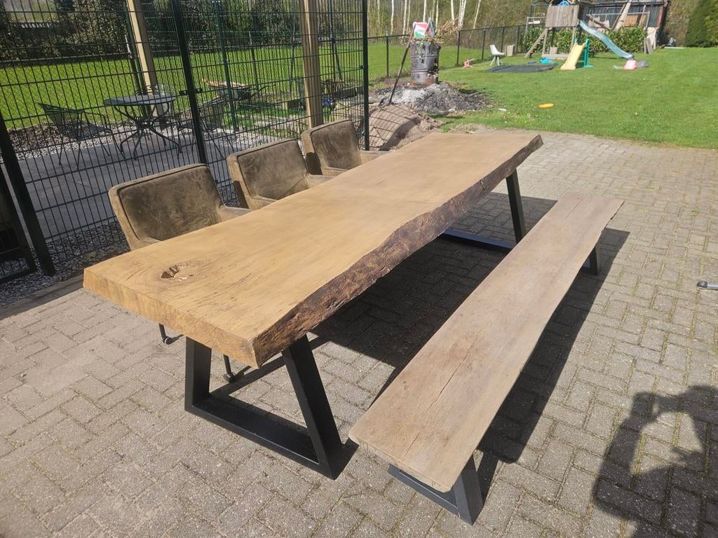 Eettafelset: Boomstamtafel met 3 leren stoelen en zitbankje, Huis en Inrichting, Tafels | Eettafels, Gebruikt, 200 cm of meer