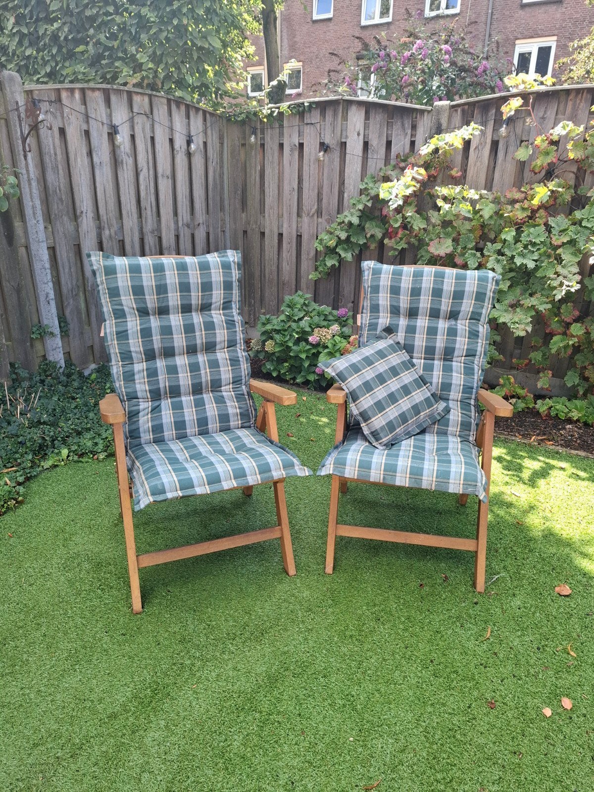 2 Teakhouten Tuinstoelen Bois le Duc met kussens, Ophalen, Gebruikt, Teakhout, Verstelbaar
