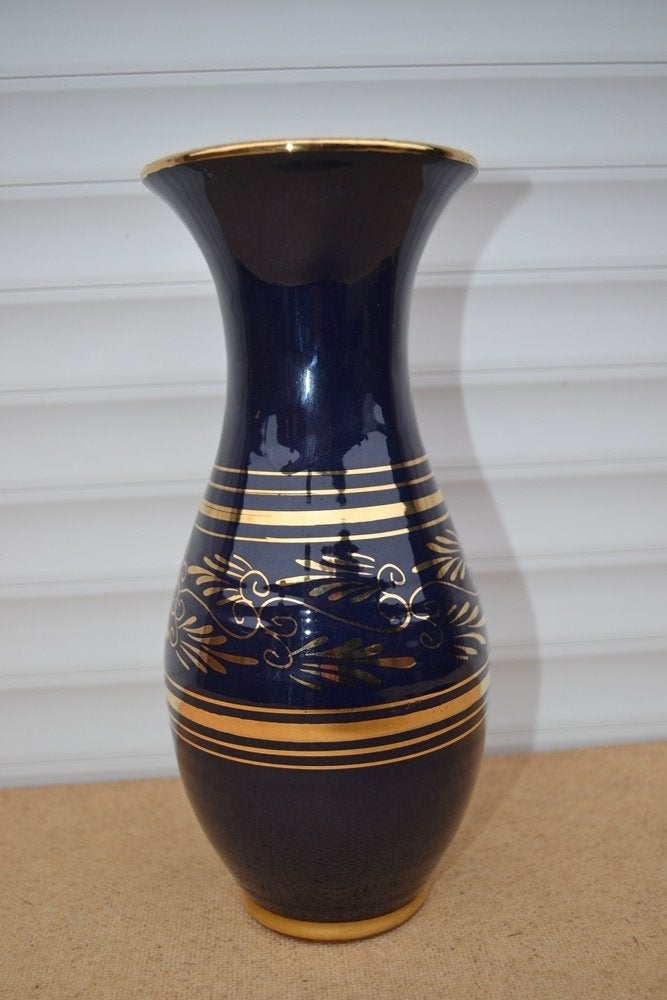 Mooie Keramische blauw en goud bloemen vaas, Huis en Inrichting, Woonaccessoires | Vazen, 24 cm, Overige materialen, Ophalen of Verzenden