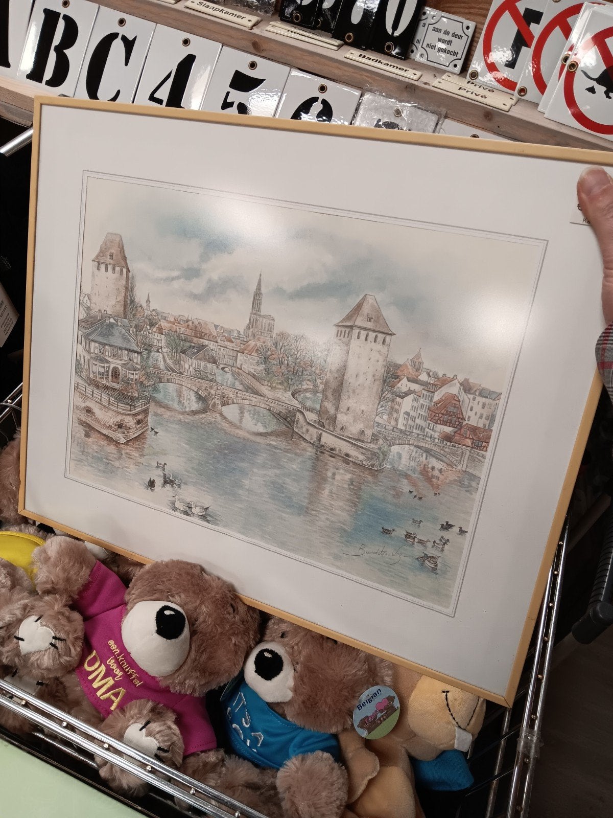 Ingelijste aquarel van Bernolden Vog, stadsgezicht, Ophalen of Verzenden, Tekening, Aquarel, Gesigneerd