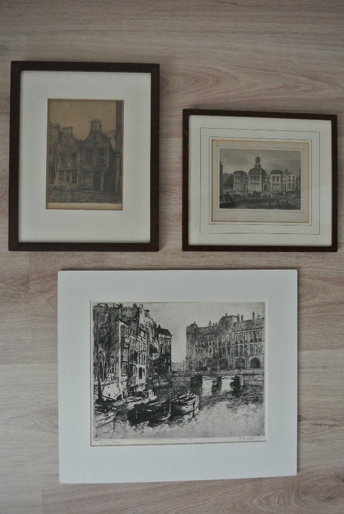 Rotterdam 2 oude etsen en 1 staalgravure, 1800 - 1899, Ets, Stadsgezicht, Ophalen of Verzenden