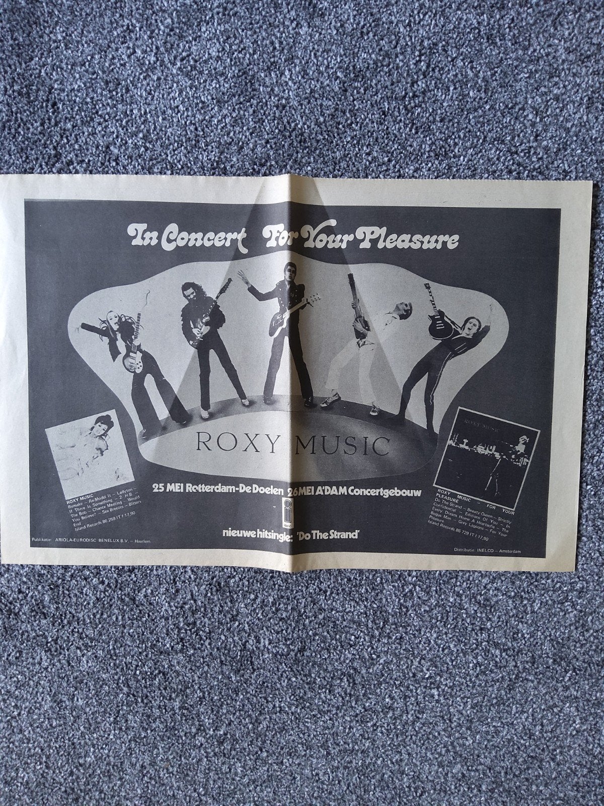 Roxy Music: Promo concertgebouw 26-5-1973 A3 formaat, Ophalen of Verzenden, Zo goed als nieuw, Foto of Kaart
