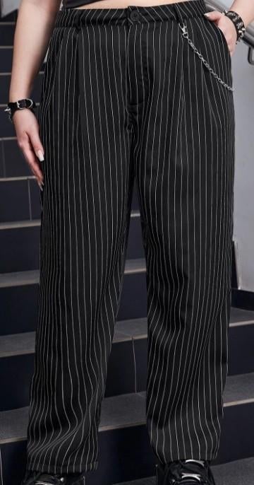 NIEUW! Romwe; Casual gestreepte broek met ketting; maat 1XL, Zwart, Maat 46/48 (XL) of groter, Nieuw, Ophalen of Verzenden