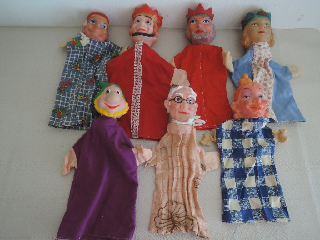 Zeven ouderwetse poppenkast poppen, Ophalen of Verzenden, Gebruikt, Pop