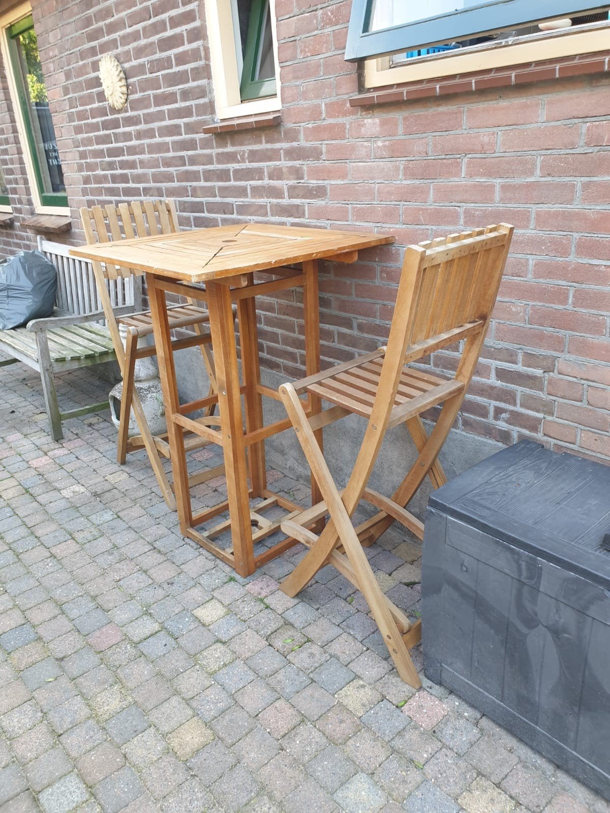 Hardhouten tuinset met 2 barkrukken, Gebruikt, Tuinset, Hout, Eettafel