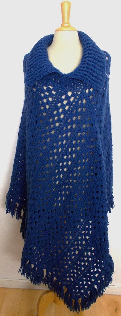 Handmade knitwear mooie lange blauwe poncho/jurk! L/XL, Verzenden, Zo goed als nieuw, Maat 46/48 (XL) of groter, Blauw