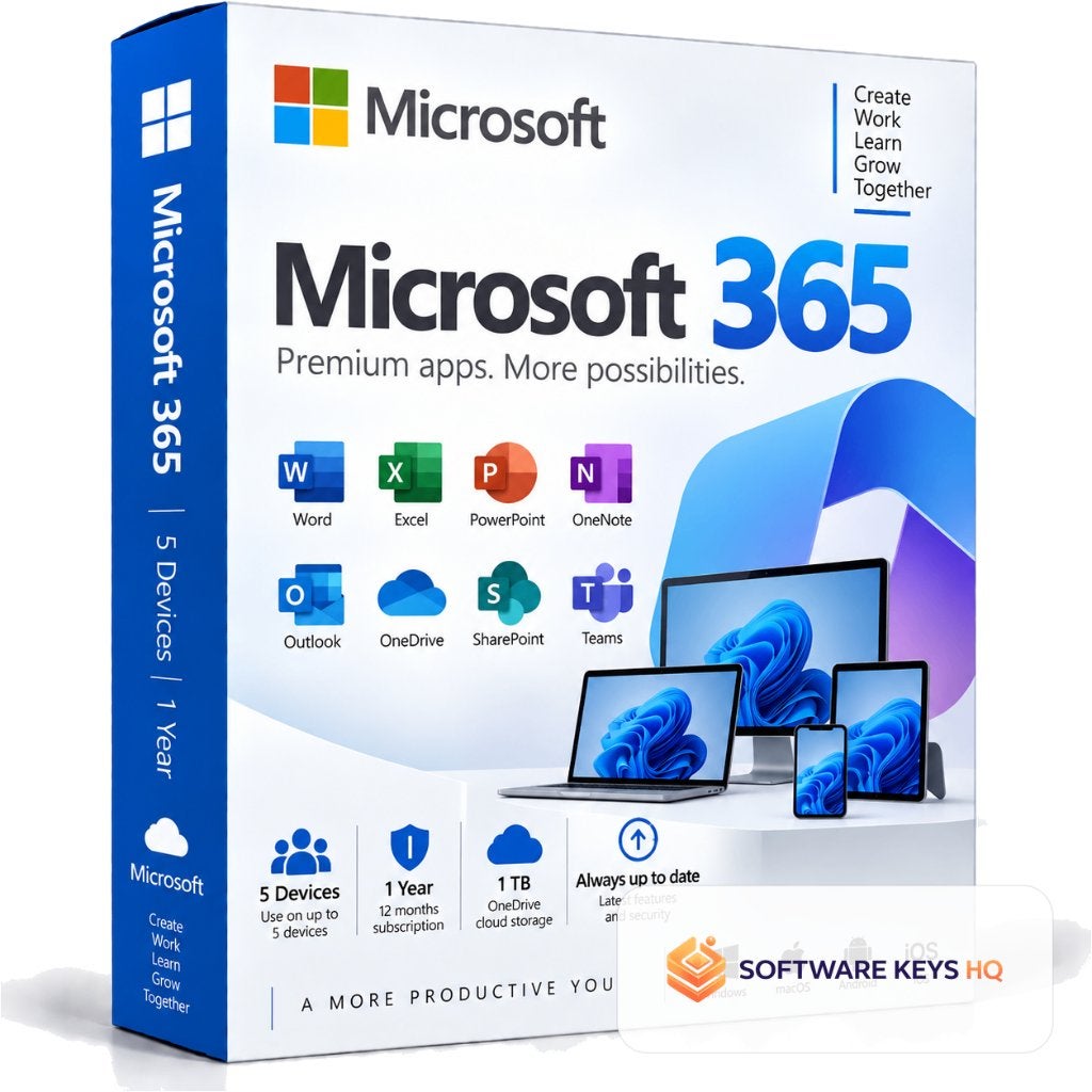 Microsoft 365 - 5 Apparaten - 1 Jaar - Word Excel Outlook, Ophalen of Verzenden, Word
