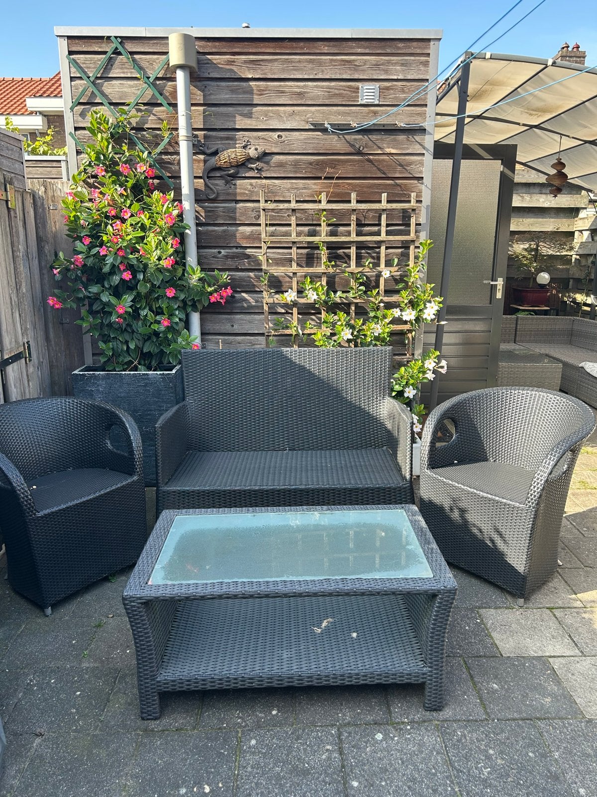 Wicker Tuinset: Bank, 2 Stoelen en Salontafel, Tuin en Terras, Ophalen, 4 zitplaatsen, Gebruikt, Wicker