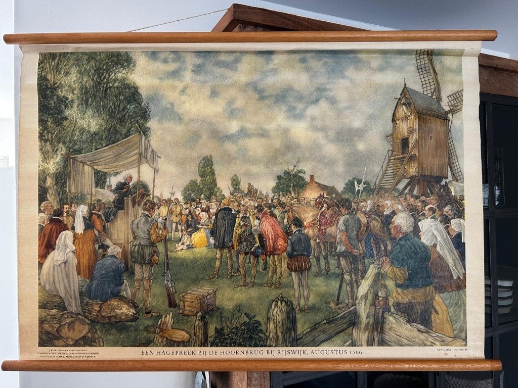 Een hagepreek bij de Hoornbrug te Rijswijk, 1566, Antiek en Kunst, Antiek | Schoolplaten, Ophalen of Verzenden, Geschiedenis