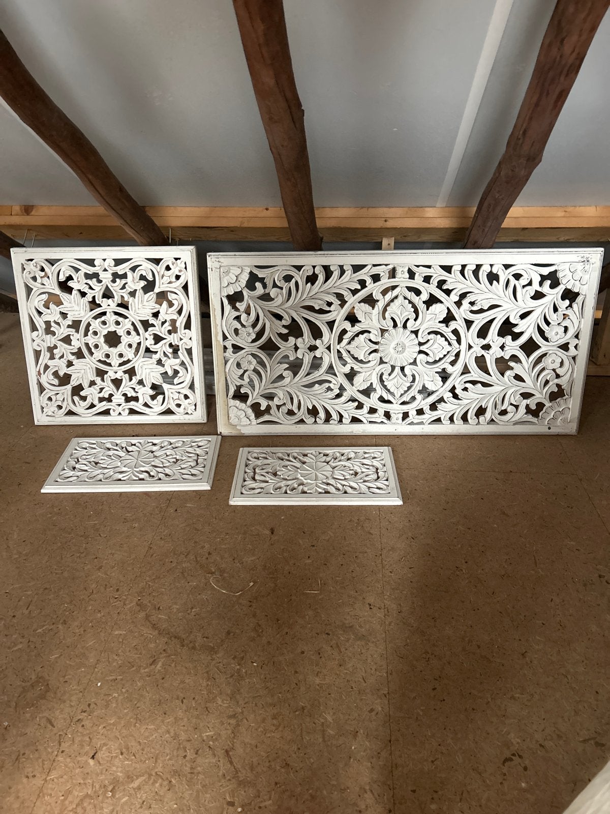 Set van 4 handgesneden houten wandpanelen, wit, Huis en Inrichting, Ophalen, Oosters, Hout, Zo goed als nieuw