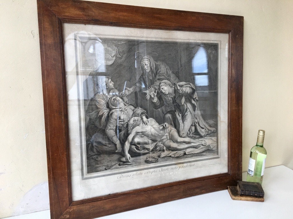 grote houten Prent in antieke Lijst Pasen Kruisiging Religie, Ophalen