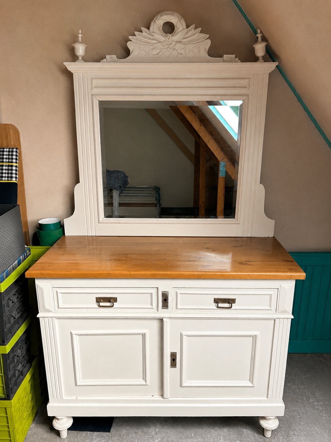 Antiek dressoir / commode met spiegel - Crème wit, Ophalen