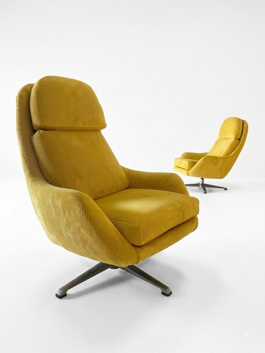 Vintage gele draaifauteuil 2 fauteuils rib geel nieuwe stof, Modern vintage, Verzenden, ., 75 tot 100 cm