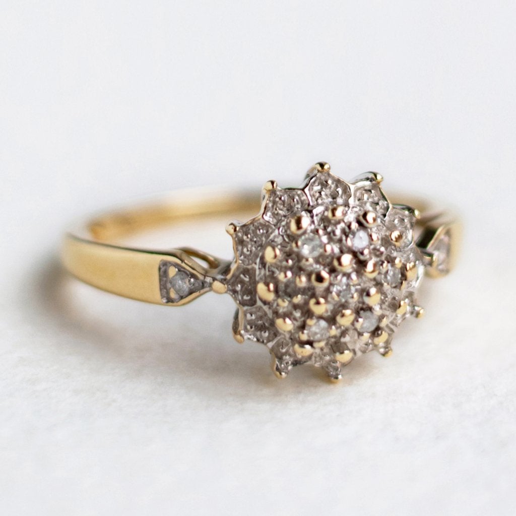 Vintage 9K gouden cluster ring met diamanten maat 17,5, Sieraden, Tassen en Uiterlijk, Ringen, Ophalen of Verzenden, Zo goed als nieuw