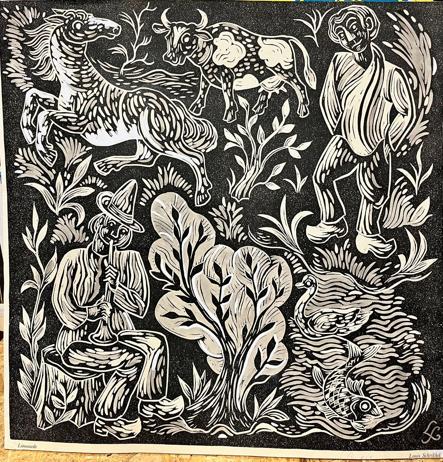 Louis Schrikkel, linodruk, Overige technieken, 50 cm, Ophalen of Verzenden, 50 cm