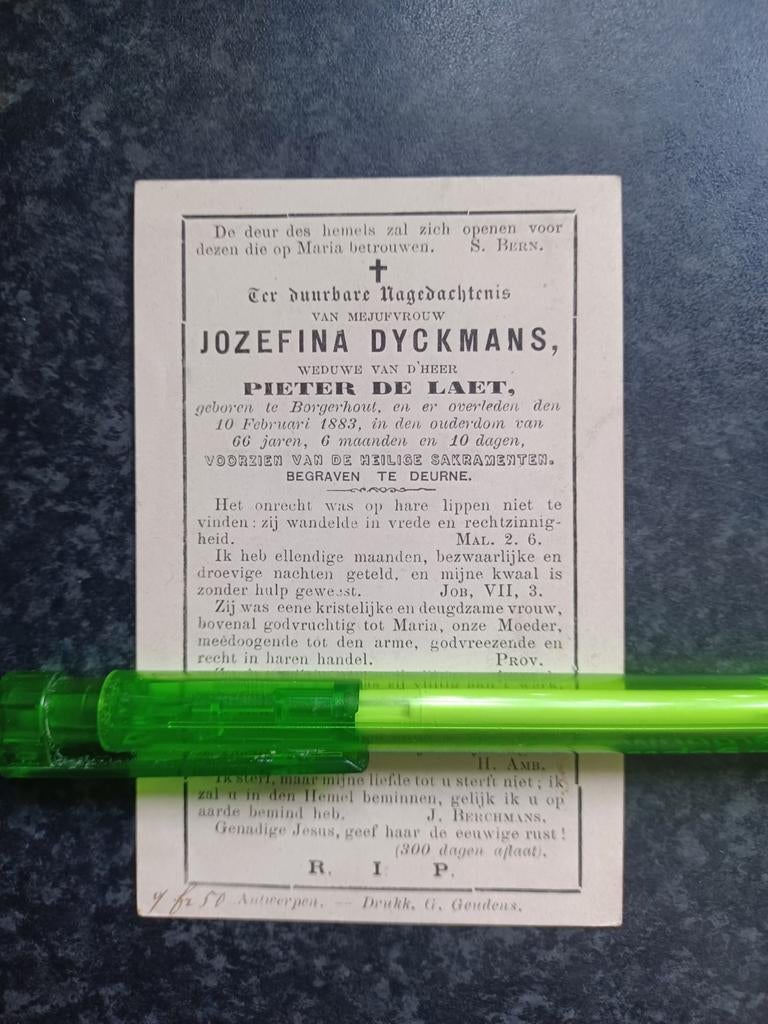 Bidprentje Borgerhout Deurne Jozefina Dyckmans 1816 1883, Ophalen, Bidprentje