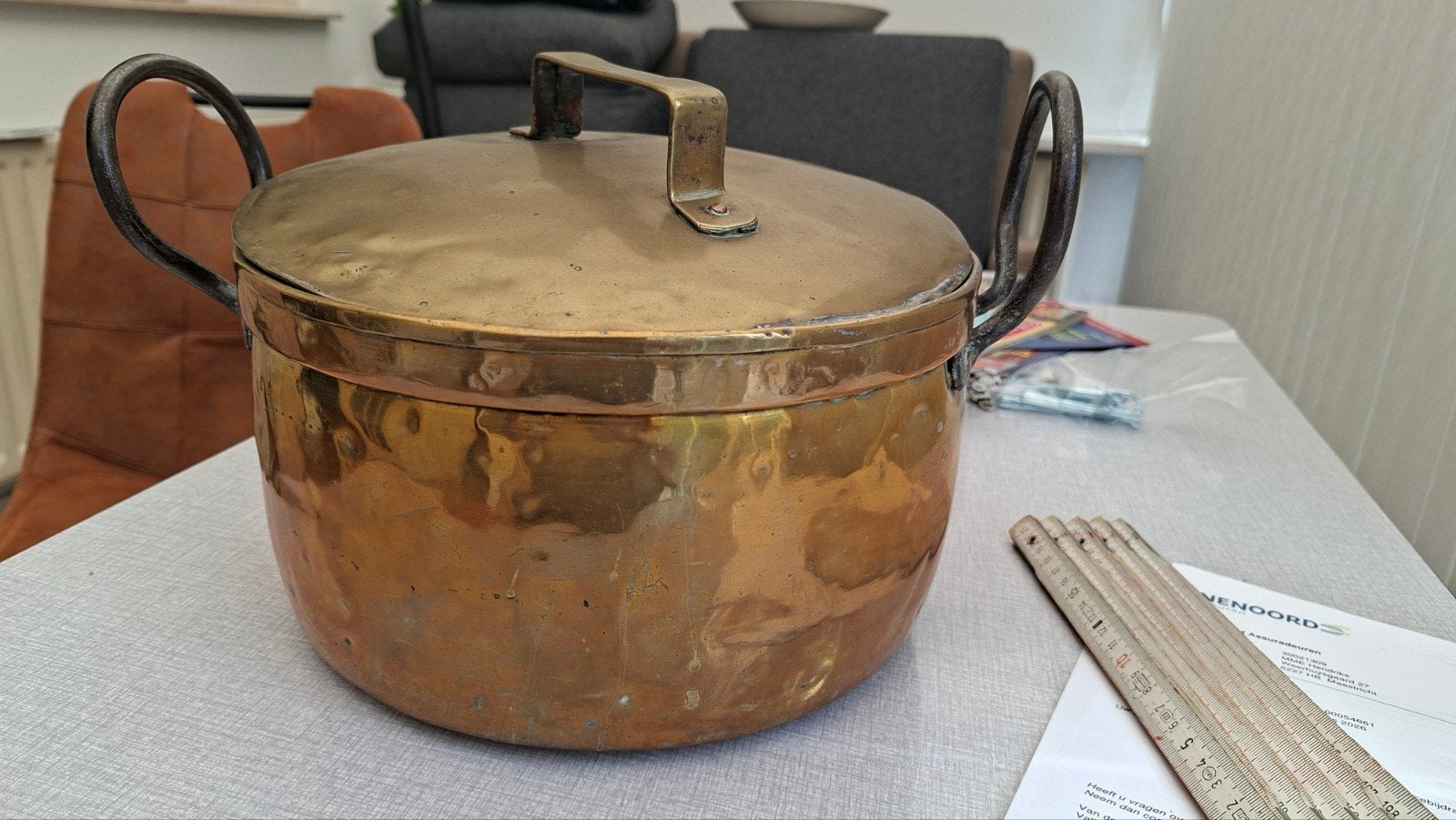 Antieke Gehamerd Koperen Soepketel / Kookpot met Deksel & Sm, Antiek en Kunst, Antiek | Koper en Brons, Ophalen of Verzenden