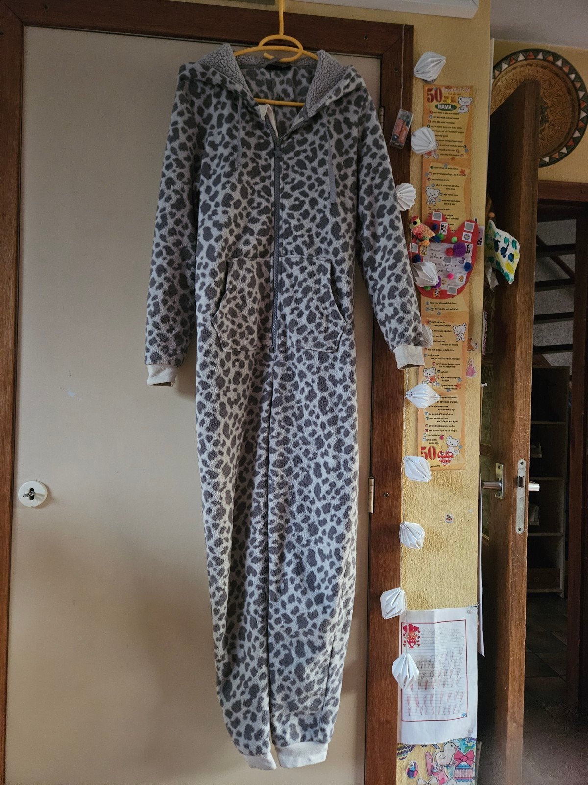 Warm dames huispak/onesie maat S met panterprint en fleece, Zo goed als nieuw, Maat 36 (S), Grijs, Esmara