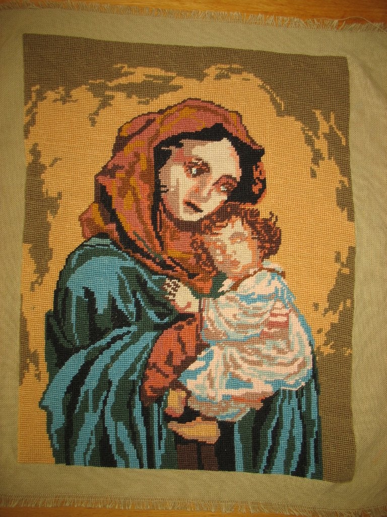 Vintage Geborduurd - Madonna met Kindje, Ophalen of Verzenden, Zo goed als nieuw, Handborduren, Overige typen