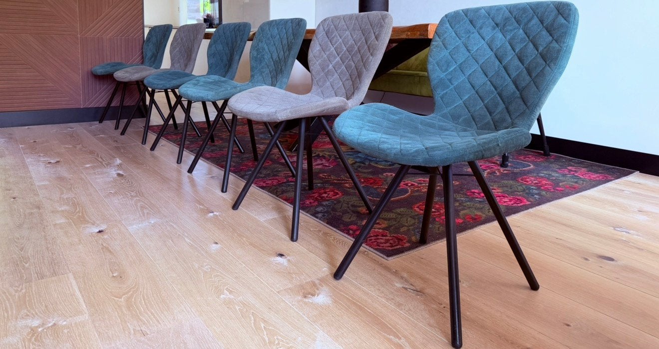 6 Lucca eetkamerstoelen, Huis en Inrichting, Stoelen, Ophalen, Blauw, Zo goed als nieuw, Stof