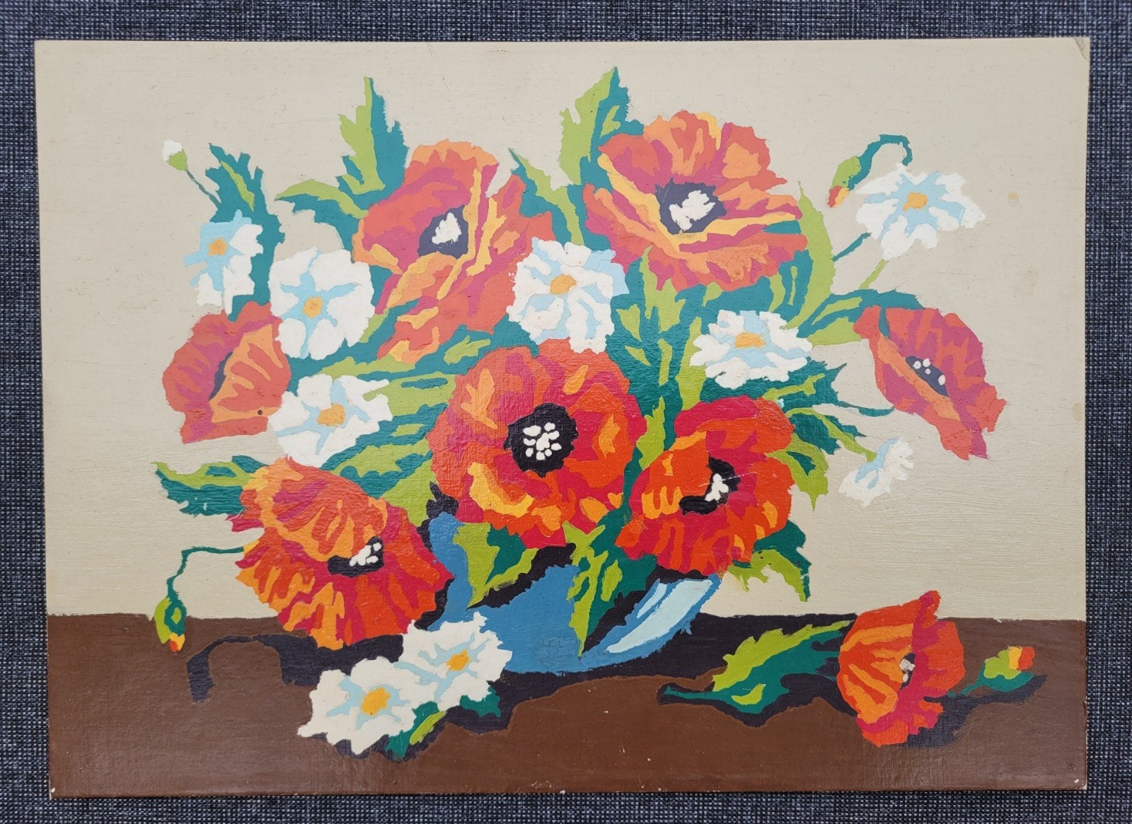Olieverf op board 'Vaas met klaprozen' retro H 24 x B 34 cm., Antiek en Kunst, Kunst | Schilderijen | Klassiek, Ophalen of Verzenden