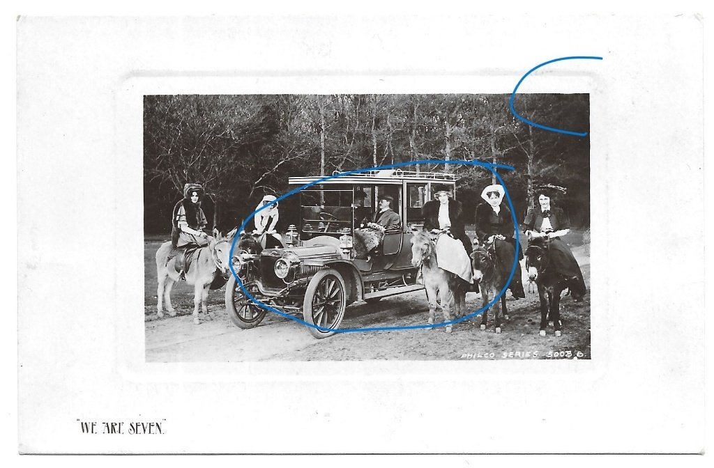 7 ezels auto humor pioniertijd ansichtkaart, Verzenden, Voor 1920, Ongelopen, Voertuig