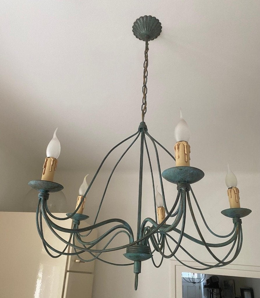 Kroonluchter 5 lampen groen-antieke finish, Ophalen, E14 (klein), Zo goed als nieuw, Metaal