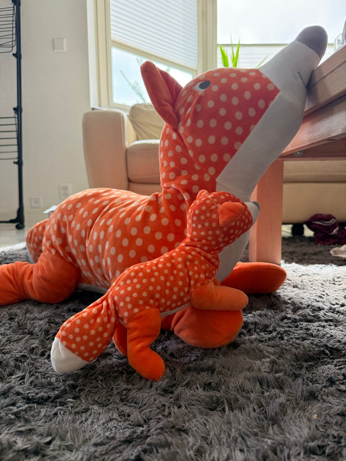 Grote en kleine vossen knuffels - Oranje met witte stippen, Oranje, Ophalen of Verzenden, Zo goed als nieuw, Middelgroot (20 tot 80 cm)