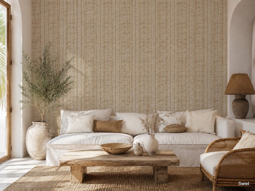 5625 Zandkleurig vintage jutelook behangpapier swiet, Ophalen of Verzenden, Beige