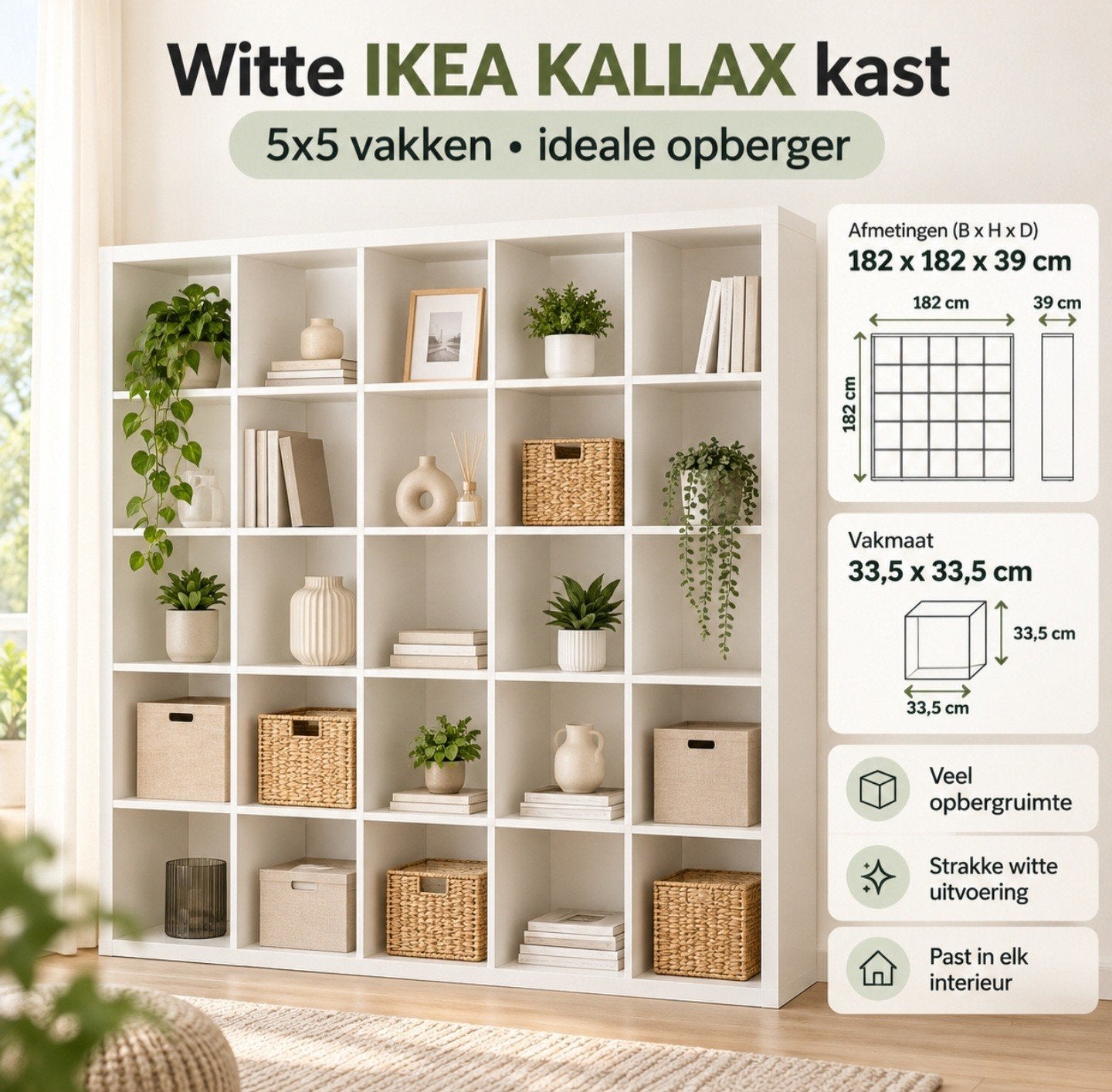 Witte IKEA Kallax kast (5x5 vakken) – ALS NIEUW!, 150 tot 200 cm, Ophalen of Verzenden, Zo goed als nieuw, Met lade(s)
