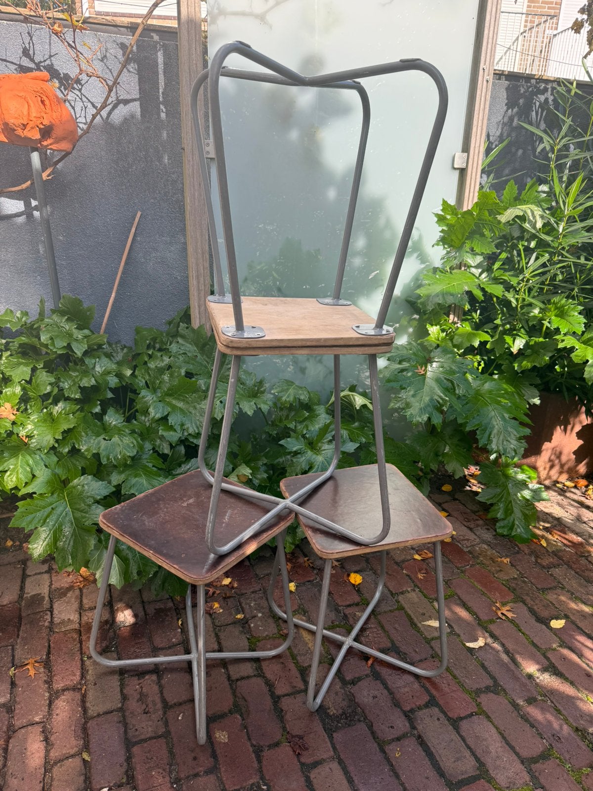 4 industriele werkplaats krukjes leer bekleed, Ophalen, Zo goed als nieuw, Hout