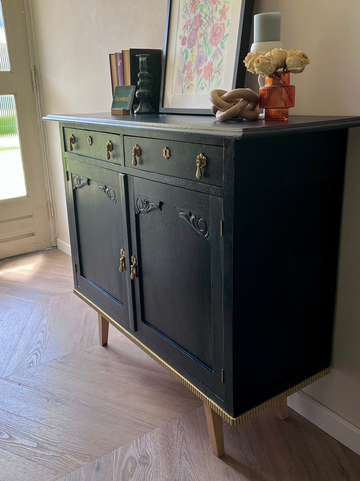 Brocante kast, gerestaureerd in blauw met gouden accenten!, Ophalen, Zo goed als nieuw, Brocante, gemoderniseerd, Overige houtsoorten