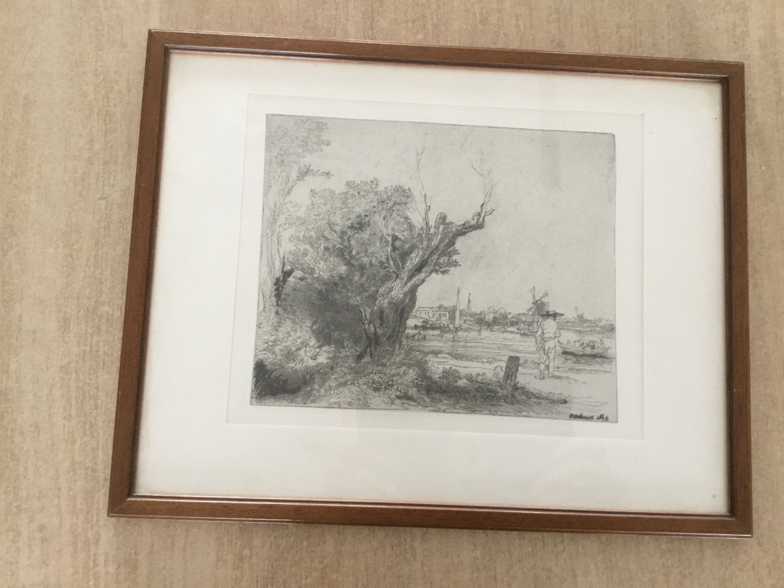 Rembrandt ets: Gezicht op de Amstel met een wandelaar, Antiek en Kunst, Ophalen, Ingelijst, Ets, 1600 - 1699