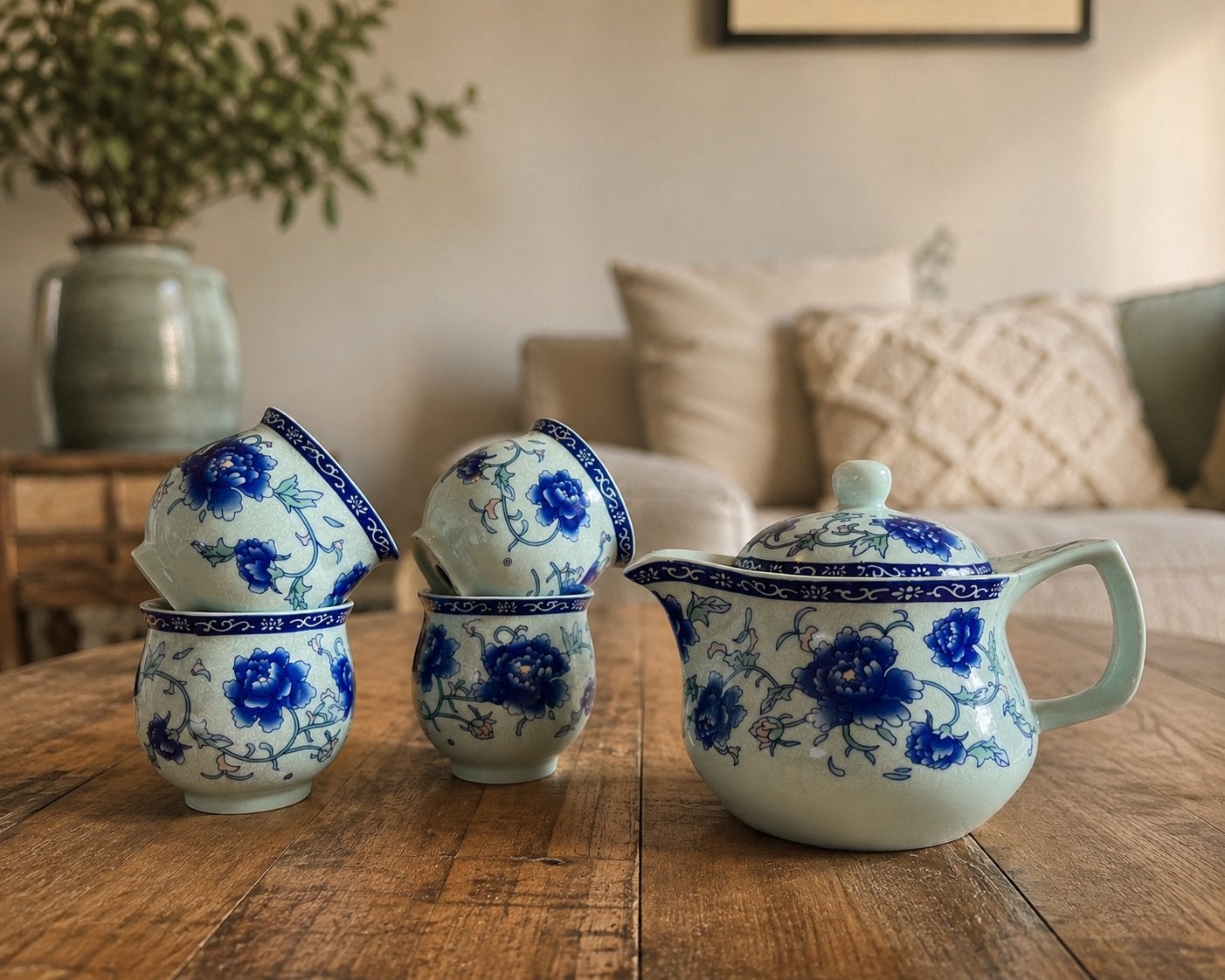 Prachtig vintage theeservies - blauw bloemenmotief 5-delig, Antiek en Kunst, Ophalen of Verzenden