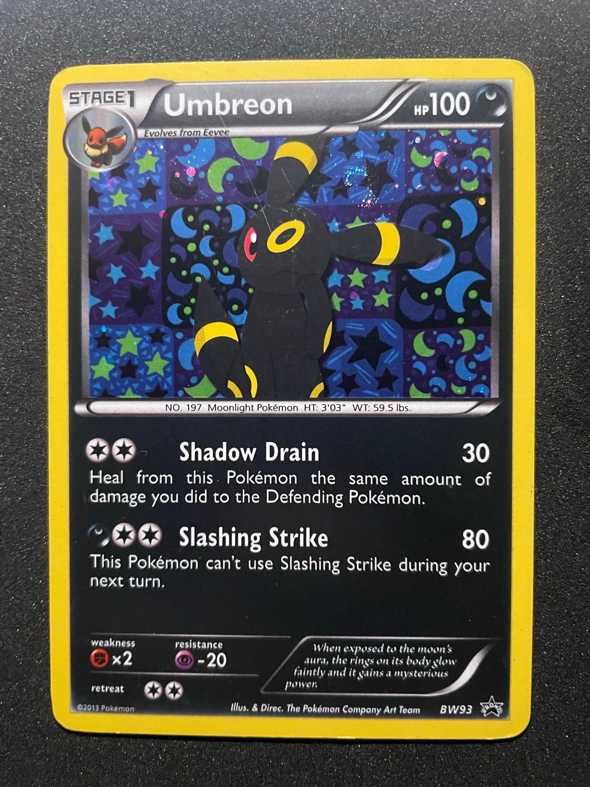 Umbreon BW93 Promo Swirl Pokémon Kaart, Ophalen of Verzenden, Zo goed als nieuw, Losse kaart, Foil