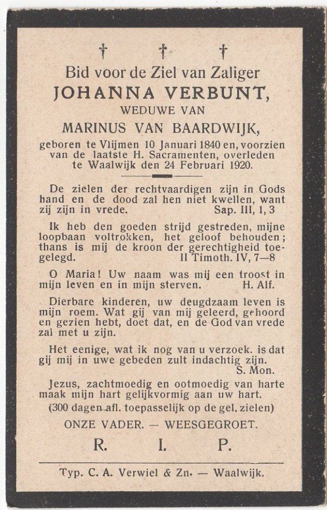 Johanna Verbunt 1840 Vlijmen + 1920 Waalwijk, 80 jaar oud, Verzenden