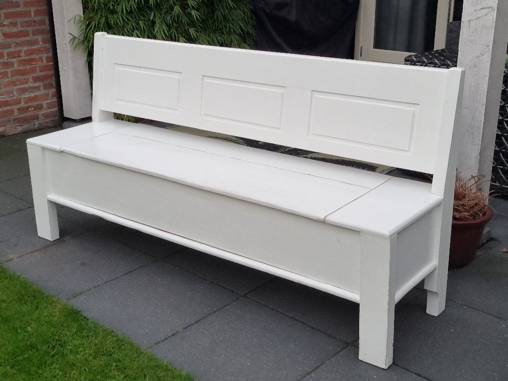 Mooie witte houten klepbank met praktische opbergruimte., Huis en Inrichting, Ophalen, Gebruikt, Wit, Eén