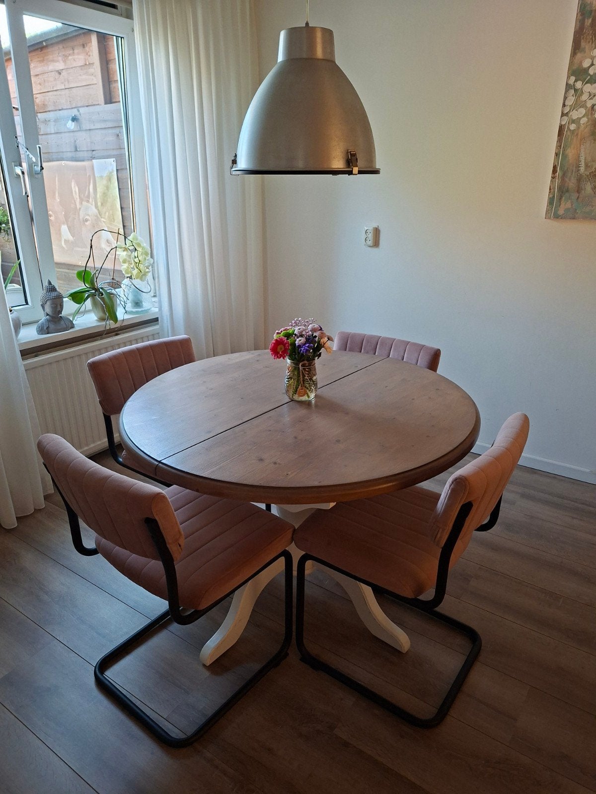 Eethoek: Ronde/Ovale Tafel (115/155x115cm) + 4 Stoelen, Ophalen, Rond, 100 tot 150 cm, 100 tot 150 cm