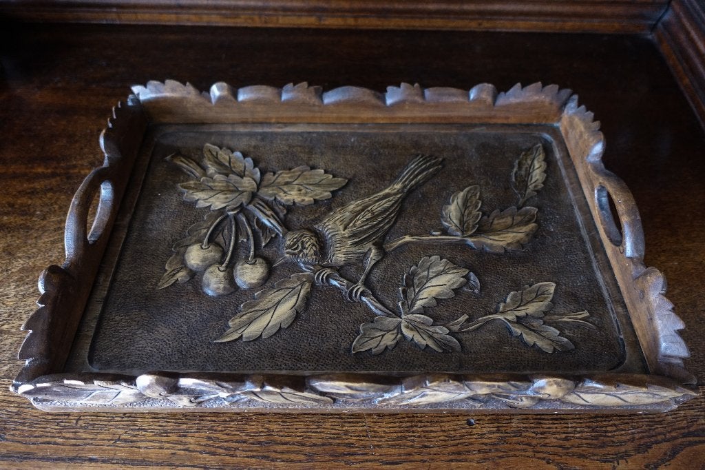 fraai antiek gesneden houten art deco dienblad, Ophalen, Gebruikt, Met opstaande rand, Dienblad