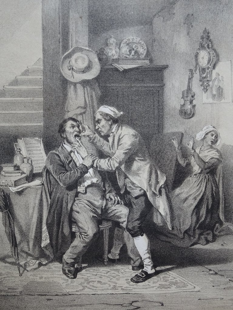 litho tandentrekken tandarts in 19e eeuw, AJB Bayot, 1843, Antiek en Kunst, Verzenden
