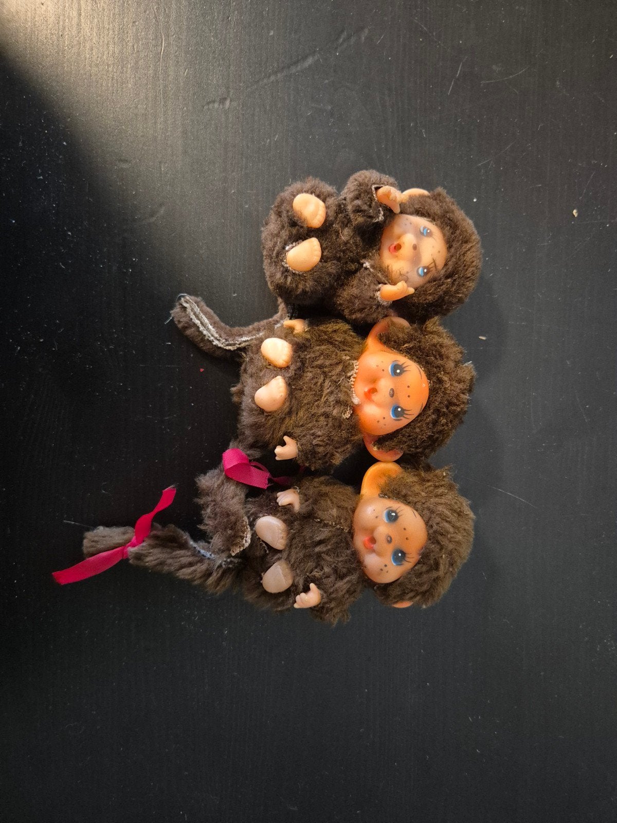 Set van 3 vintage Monchhichi knuffels - bruin, Gebruikt, Overige merken, Overige karakters, Ophalen of Verzenden