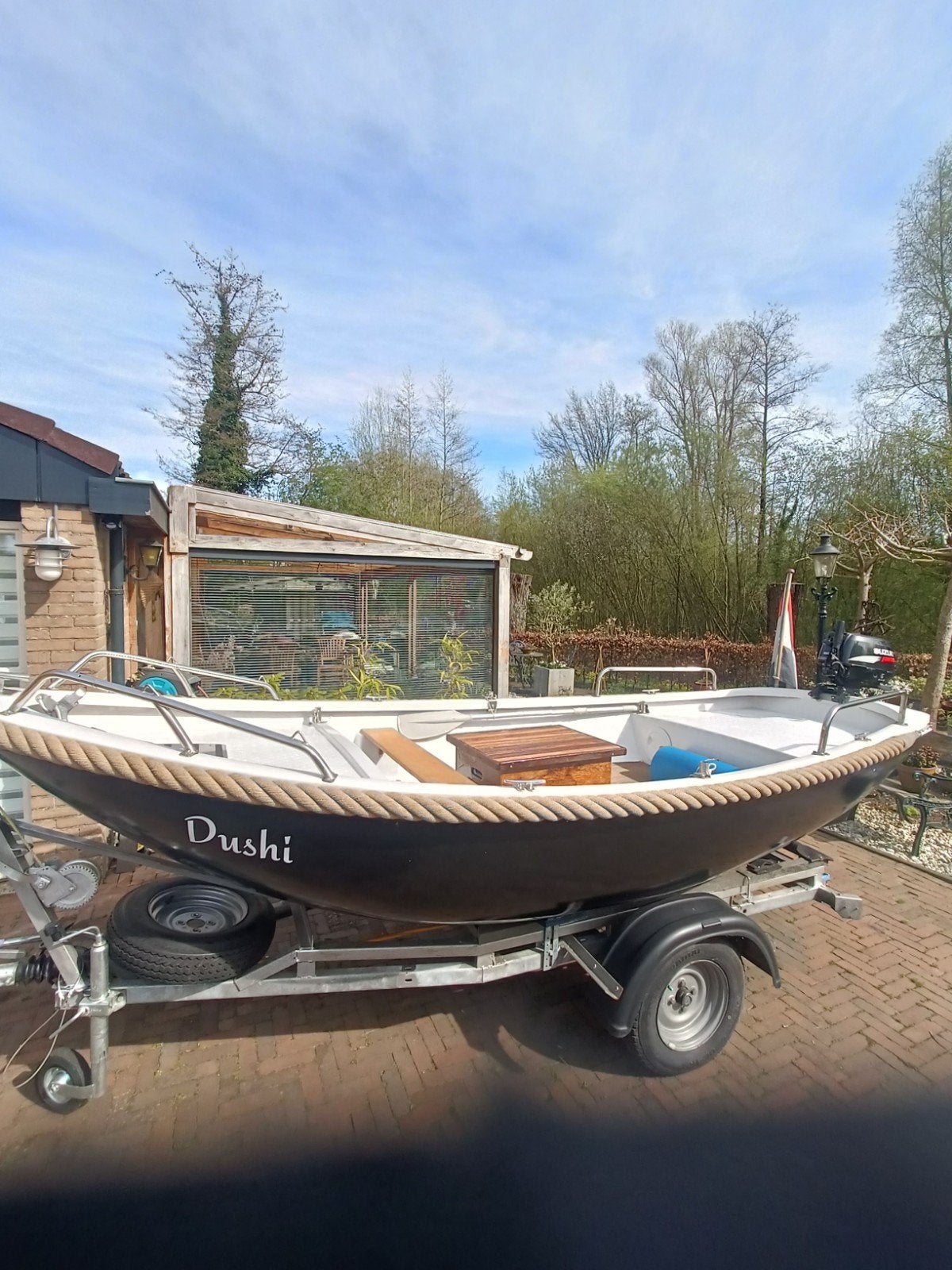 Sloep met Suzuki buitenboordmotor 4 pk en trailer, Watersport en Boten, Motorboten en Motorjachten, Sloep, Ophalen, Buitenboordmotor