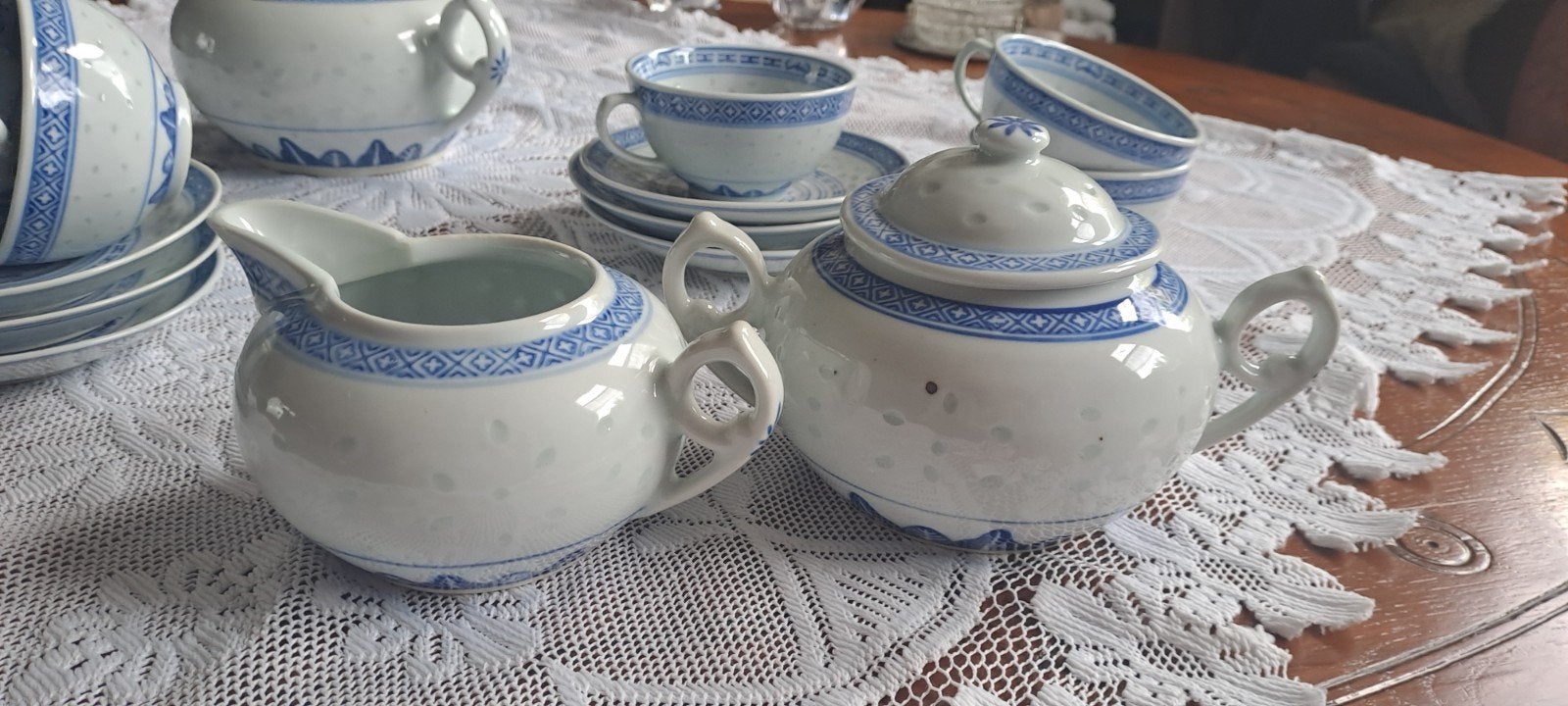 Vintage Chinees porseleinen theeservies - Rijstkorrel decor, Antiek en Kunst, Ophalen